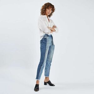 CLEARANCE - Topshop Moto Two Toned Straight Leg Raw Hem Button Fly Jeans